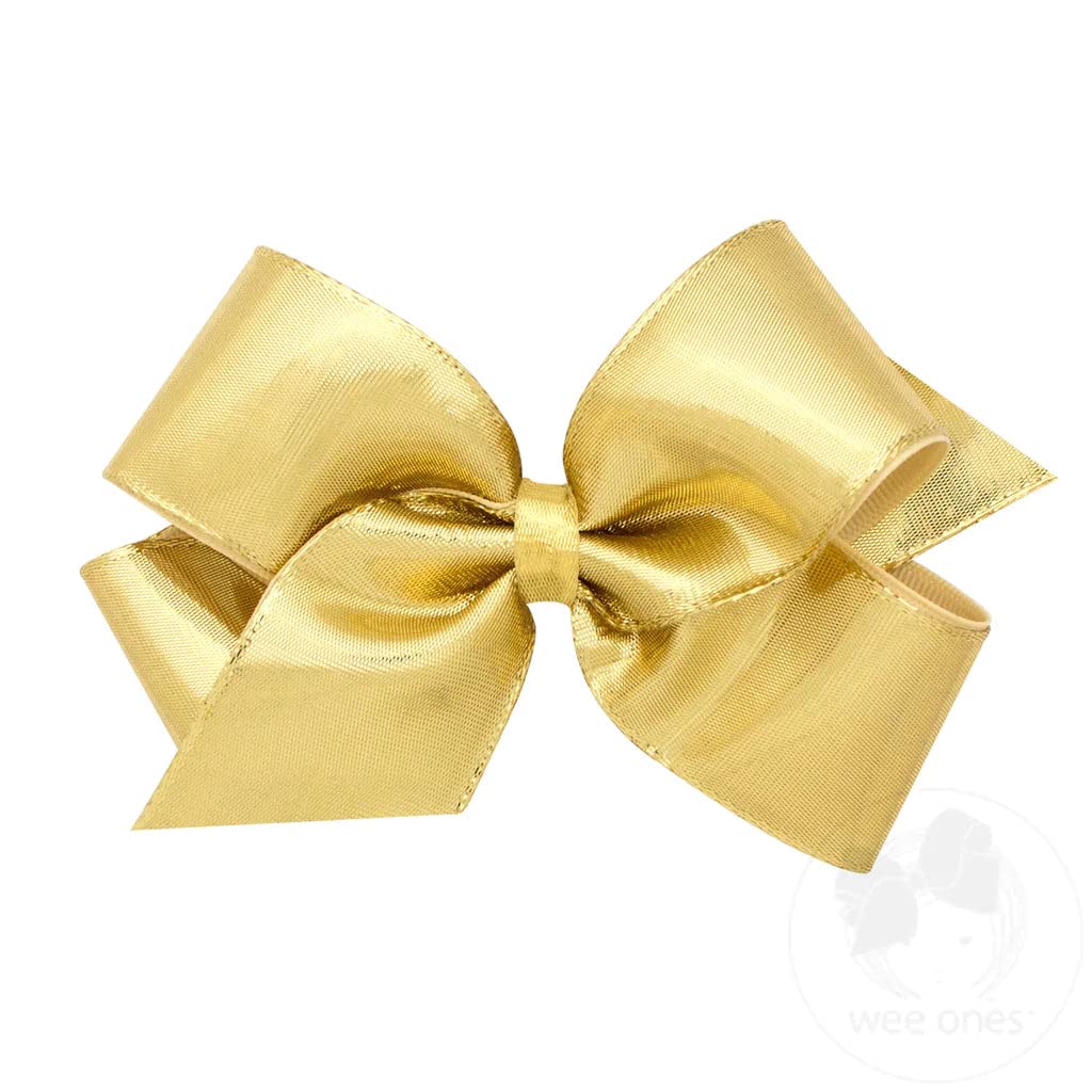 Wee Ones Girls' Metallic Overlay Hair Bow on a WeeStay No Slip Clip, Medium, Gold