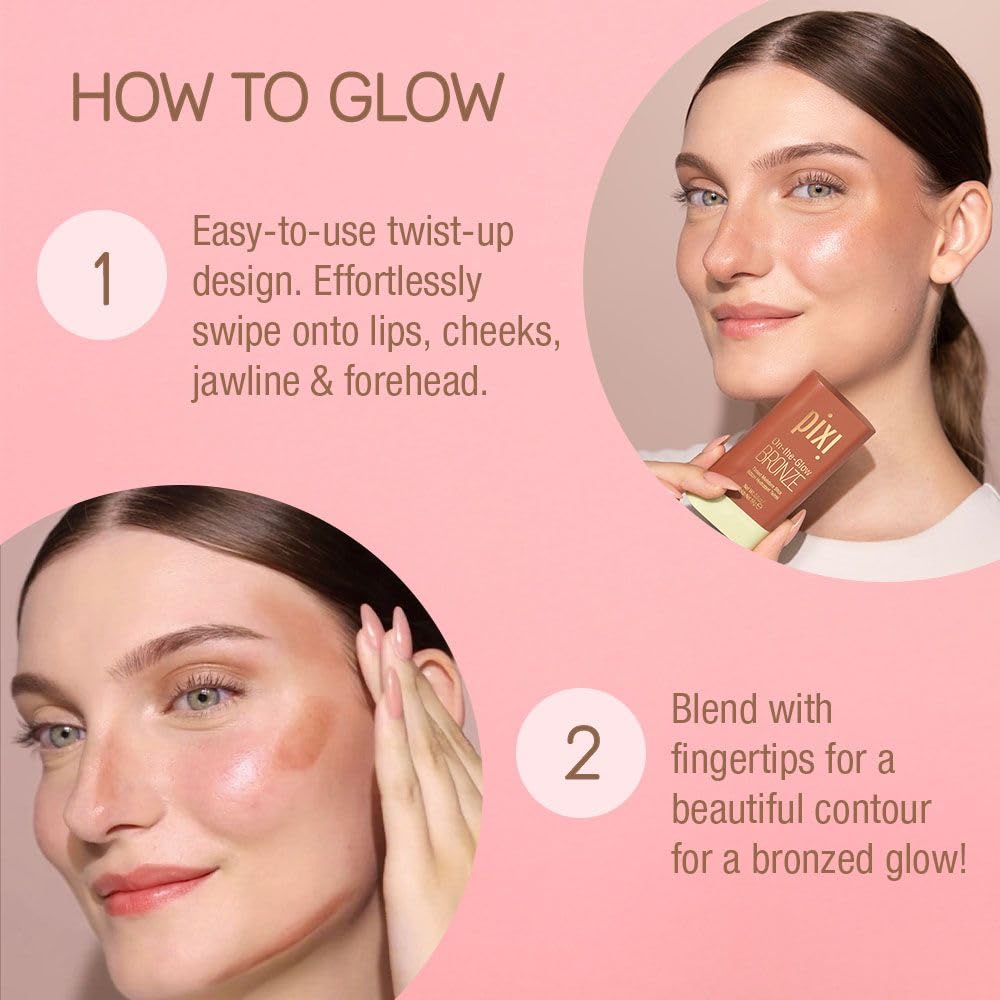 Pixi On-the-Glow Bronze - BeachGlow, Hydrating Tinted Moisture Bronzer Stick with Ginseng, Aloe Vera & Fruit Extracts, For Cheeks & Lips, 19g / 0.6oz