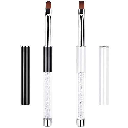 Ycyan 2Pcs Oval & Flat UV Builder Gel Nail Brush Set Rhinestone Handle Professional Nail Art Design Brushes for Polygel Hard Gel