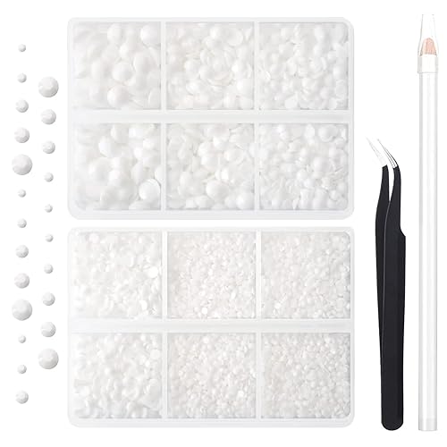 AUREHEN 10000PCs 2-6MM White Resin Flat Back Rhinestones, Round Non Hotfix Resin Rhinestones Nail Gems Stones with Tweezer & Picker Pen for Tumblers