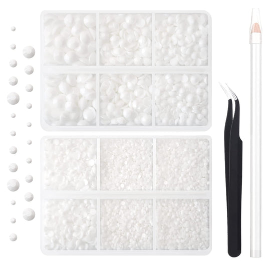 AUREHEN 10000PCs 2-6MM White Resin Flat Back Rhinestones, Round Non Hotfix Resin Rhinestones Nail Gems Stones with Tweezer & Picker Pen for Tumblers