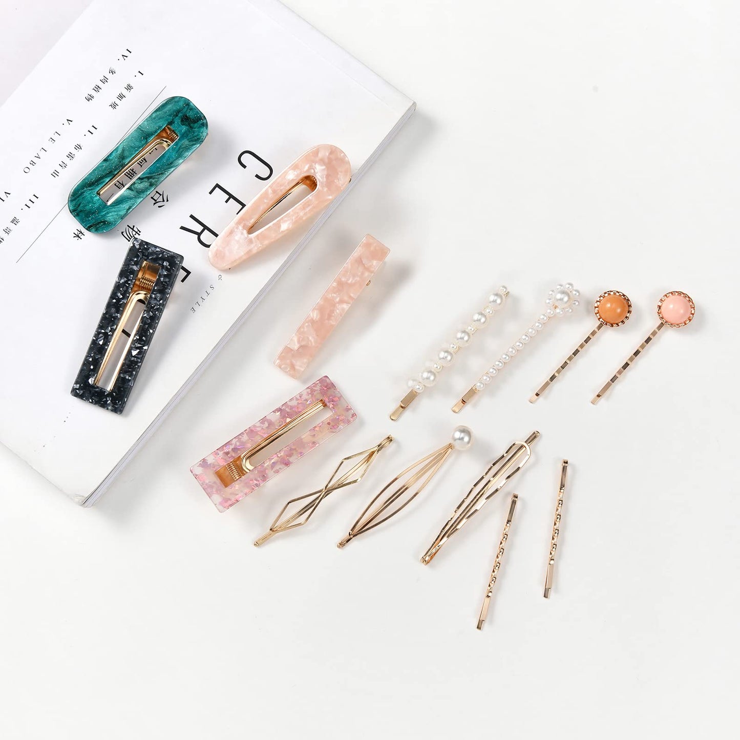 Mehayi 20 PCS Pearls and Acrylic Resin Hair Clips, Handmade Hair Barrettes, Marble Alligator bobby pins, Glitter Crystal Geometric Hairpin, Elegant