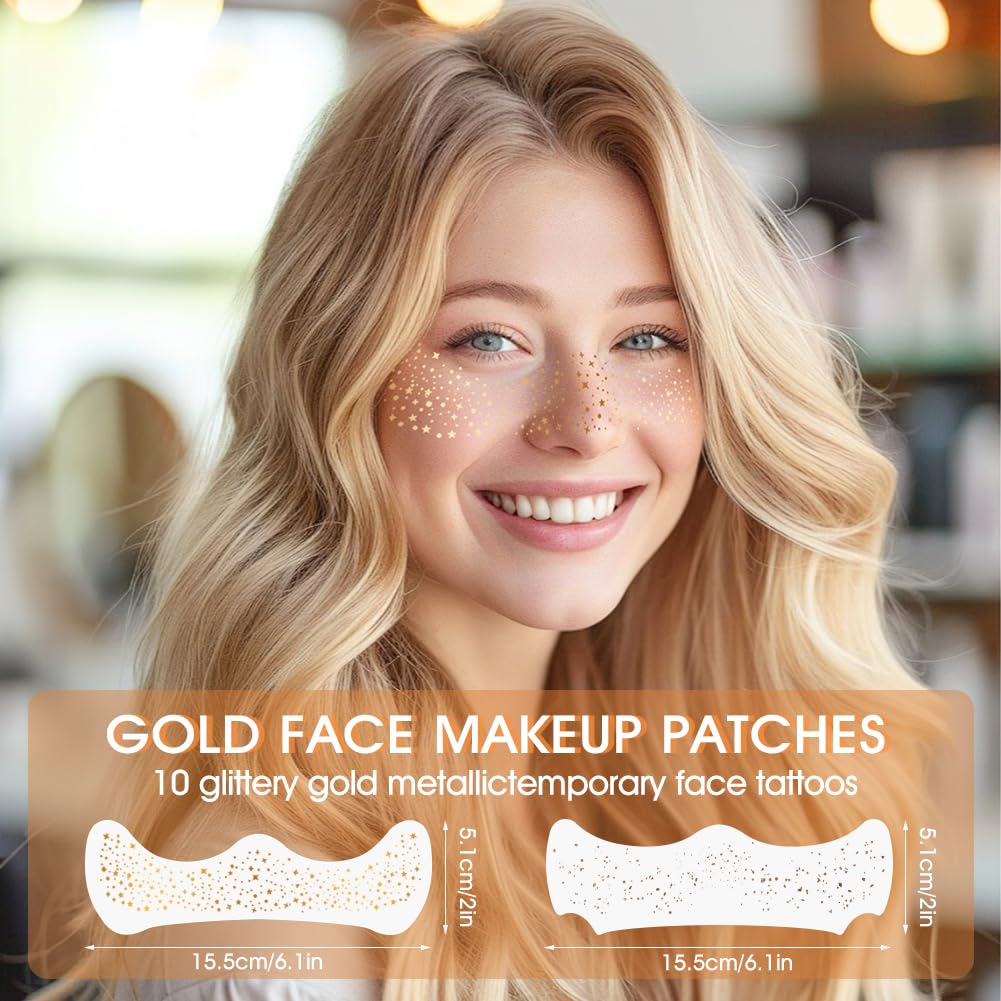 Face Glitter Freckles, Glow Up Makeup Patches for Face, 10pcs Gold Sparkle Freckles, Face Glitter Makeup Speckles, Glitter Makeup Accessories