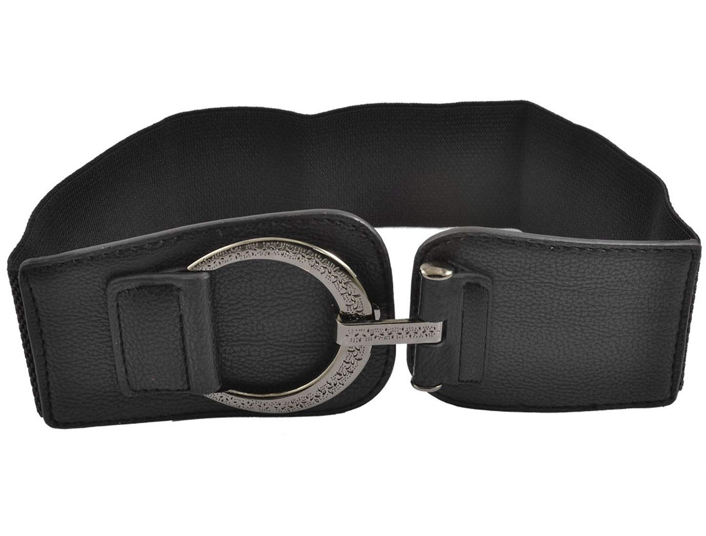 Allegra K Woman Hook Buckle Faux Leather Elastic 6cm Wide Band Belt Black