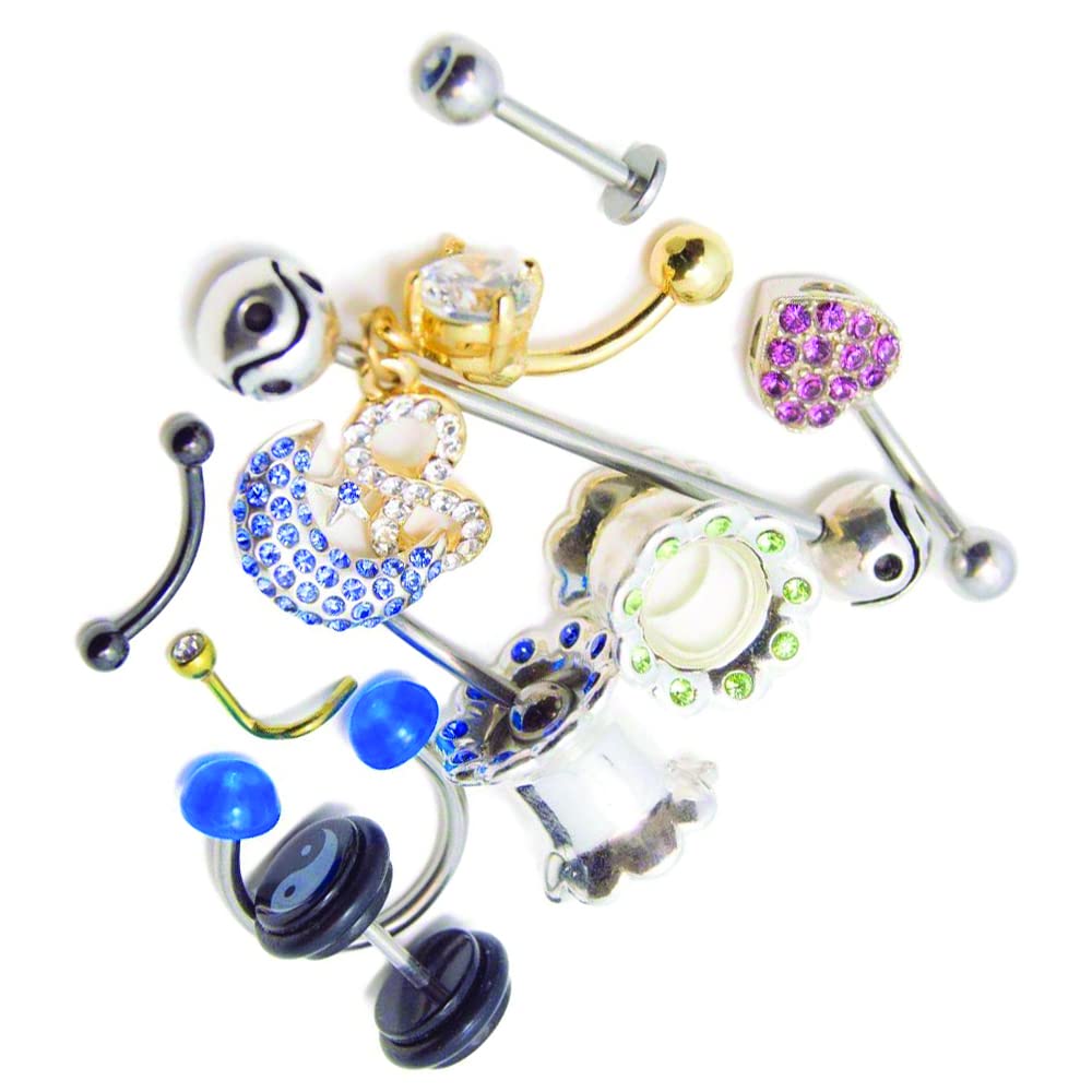 BodyJewelryOnline Randomly Picked Body Jewelry Pack [10 Pieces: Belly/Nose/Nipple/Tongue/Ear/Lip Rings], Mixed Styles/Designs