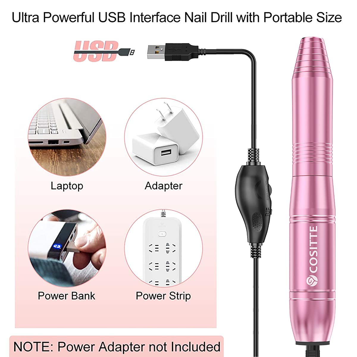 COSITTE Electric Nail Drill,USB Electric Nail Drill Machine for Acrylic Nail Kit,Portable Electric Nail File Polishing Tool Manicure Pedicure Kit