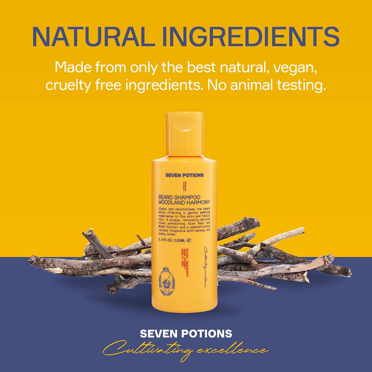 SEVEN POTIONS Beard Shampoo for Men - Gentle, Cleansing Wash for a Clean, Itch-Free Beard - Natural, Vegan, Cruelty-Free - (Woodland Harmony, 3.4 Fl