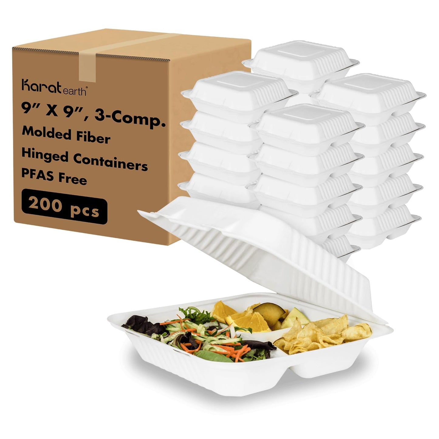 KARAT EARTH Clamshell Take Out Food Containers [9"x9", 200 ct ] 3 Compartments | Compostable To Go Containers, Natural Biodegradable Bagasse | White