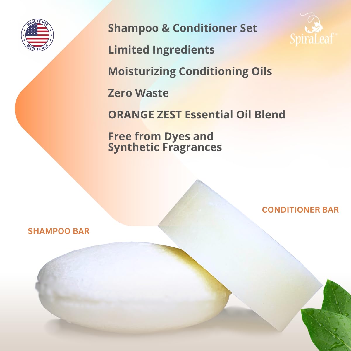 SPIRALEAF Solid Shampoo Bar & Conditioner Bar Set, ORANGE ZEST Limited Ingredients, Concentrated Formula, Fragrance-Free, Dye-Free, Premium Hair Care