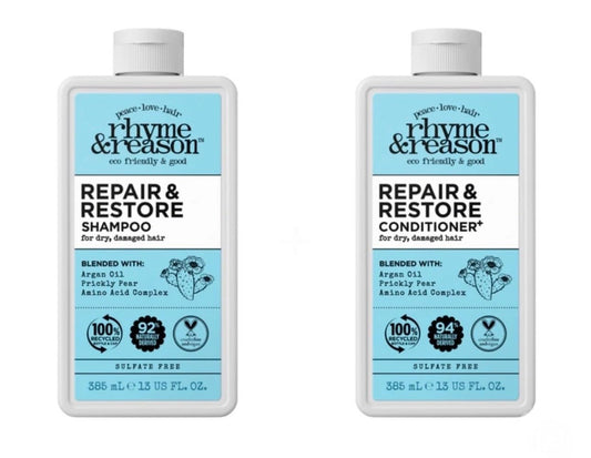 Rhyme & Reason Repair and Restore Shampoo & Conditioner Combo. 13 Fl. Oz. Each bottle. For Dry Damaged Hair. Hydrate Repair. Vegan Cruelty Free