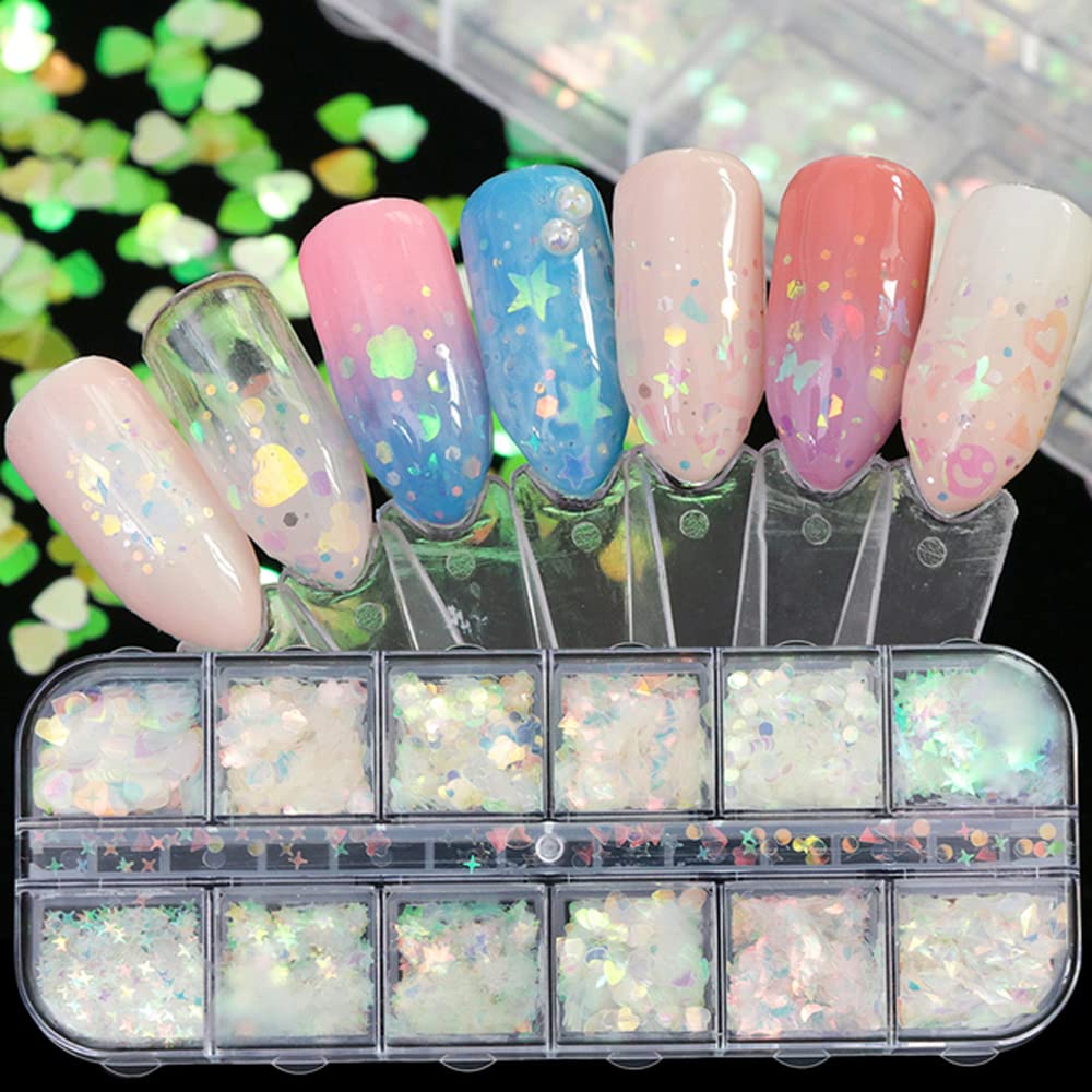UARUOGP 24 Grids Holographic Nail Sequins and 1 Pcs Tweezers,Iridescent Mermaid Flakes Ultra-Thin Colorful Flakes Glitter Sticker,DIY Face Body Eyes