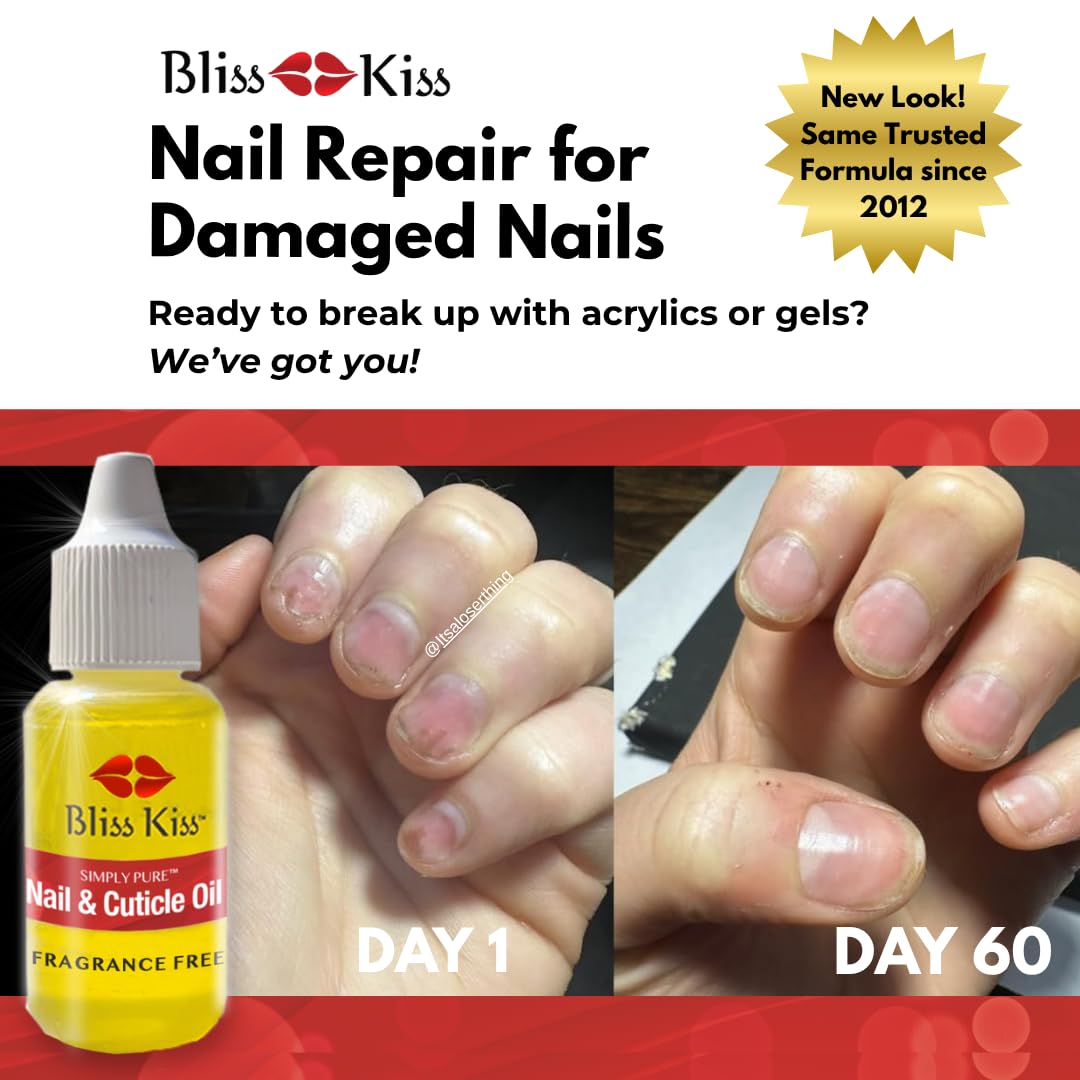Bliss Kiss | Fragrance Free | Nail Oil Cuticle Dropper w/Vitamin E & Jojoba?Nail Strengthener Nail Growth Oil and Serum for Brittle Peeling Breaking
