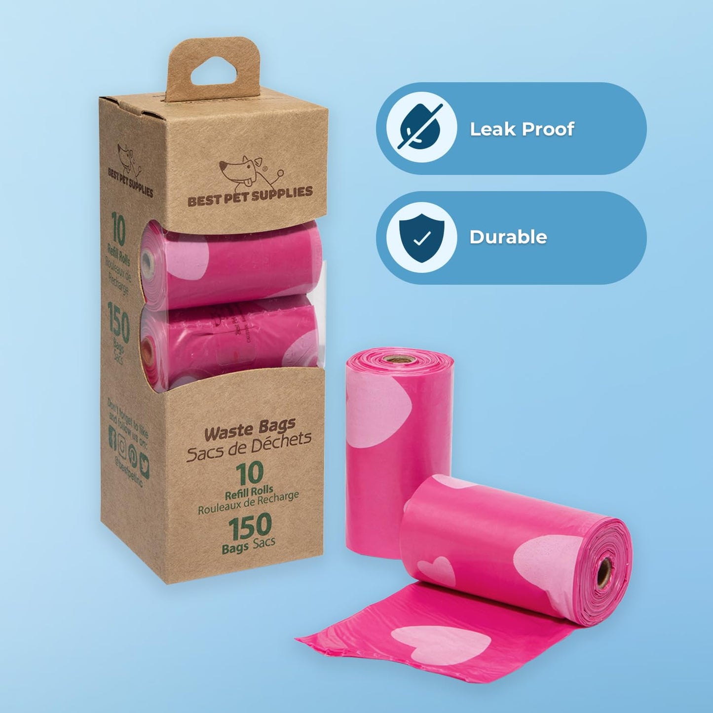 Best Pet Supplies Dog Poop Bags (150) – Leak-Proof, Tear-Resistant Waste Bags for Puppy Walking & Travel, Pink Heart Design