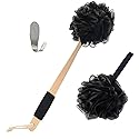 Bamboo Charcoal Infused Back Scrubber - Loofah with Handle | Exfoliating Shower Loofah for Men & Women - Features 1 Loofah on a Stick, 1 Loofa Pouf