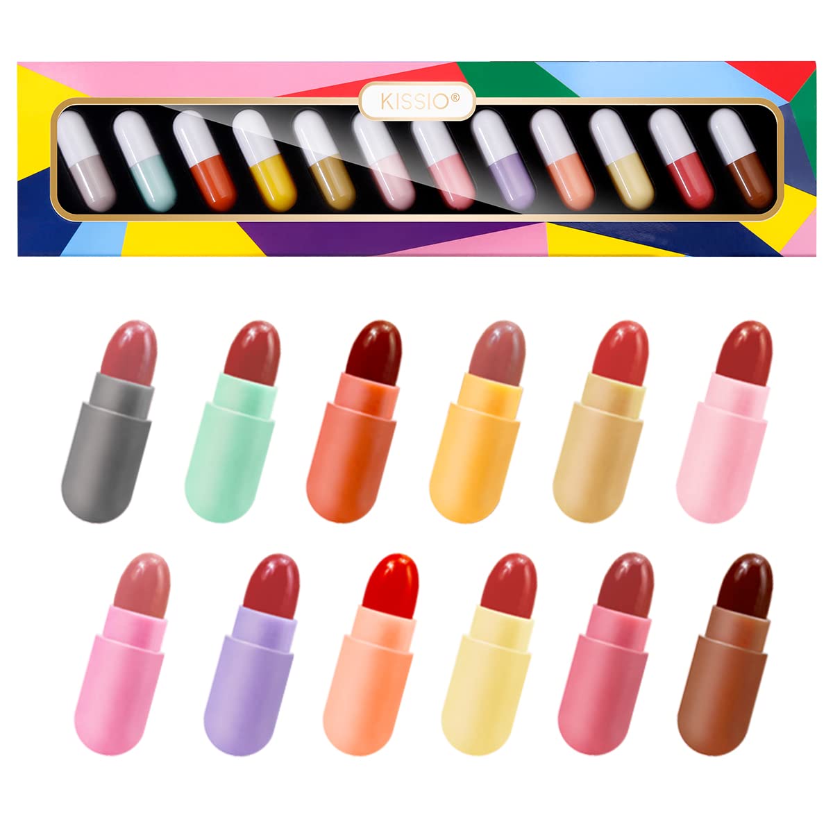 KISSIO Lipstick Set 12 Colors,Mini Matte Lipstick,Pill Lipstick Set,Waterproof Long Lasting Mini Capsules Lipstick,Travel Friendly,Cruelty Free,2.33