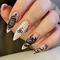 IMSOHOT Almond Press on Nails Medium Matte Nude Fake Nails Full Cover Acrylic False Nails with Black Rose Snake Designs Glue on Nails 24pcs