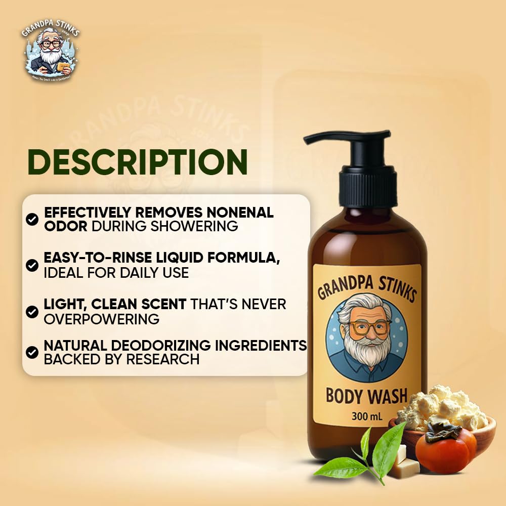 Grandpa Stinks® Body Wash - Persimmon & Green Tea Deodorizing Cleanser - Natural Odor Eliminator for Men - Hydrating Daily Shower Gel with Shea Butter