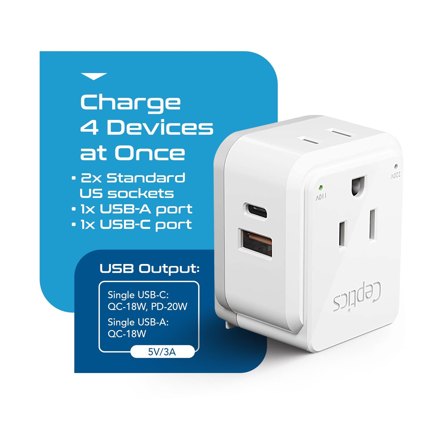 Ceptics Chile, Italy Travel Plug Adapter Set – US to Type C/L with 2 Outlets, USB & USB-C 20W PD, QC 18W, SWadAPt Attachments, PAK-IT