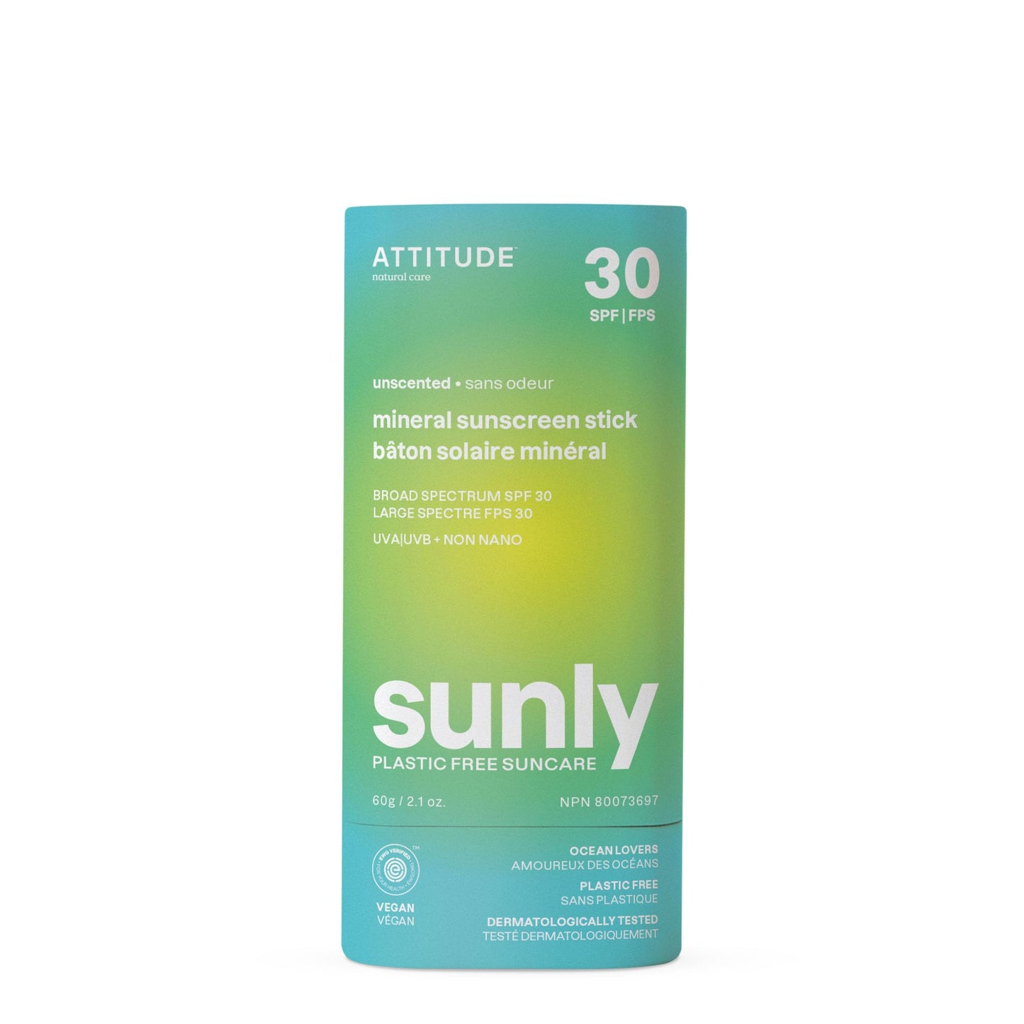 ATTITUDE Mineral Sunscreen Stick with Zinc Oxide, SPF 30, EWG Verified, Plastic-Free, Broad Spectrum UVA/UVB Protection, Dermatologically Tested