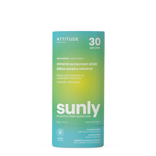 ATTITUDE Mineral Sunscreen Stick with Zinc Oxide, SPF 30, EWG Verified, Plastic-Free, Broad Spectrum UVA/UVB Protection, Dermatologically Tested