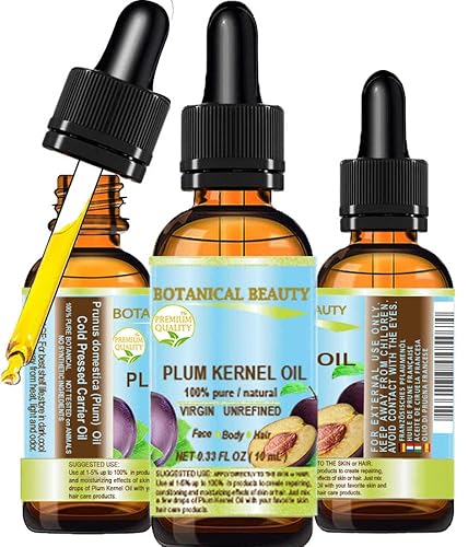 Botanical Beauty French PLUM KERNEL OIL 100% Pure Natural Virgin Unrefined Cold Pressed Carrier Oil 0.33 oz- 10 ml for Face, Skin, Hair, Lips, Nails.