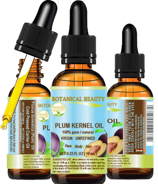 Botanical Beauty French PLUM KERNEL OIL 100% Pure Natural Virgin Unrefined Cold Pressed Carrier Oil 0.33 oz- 10 ml for Face, Skin, Hair, Lips, Nails.