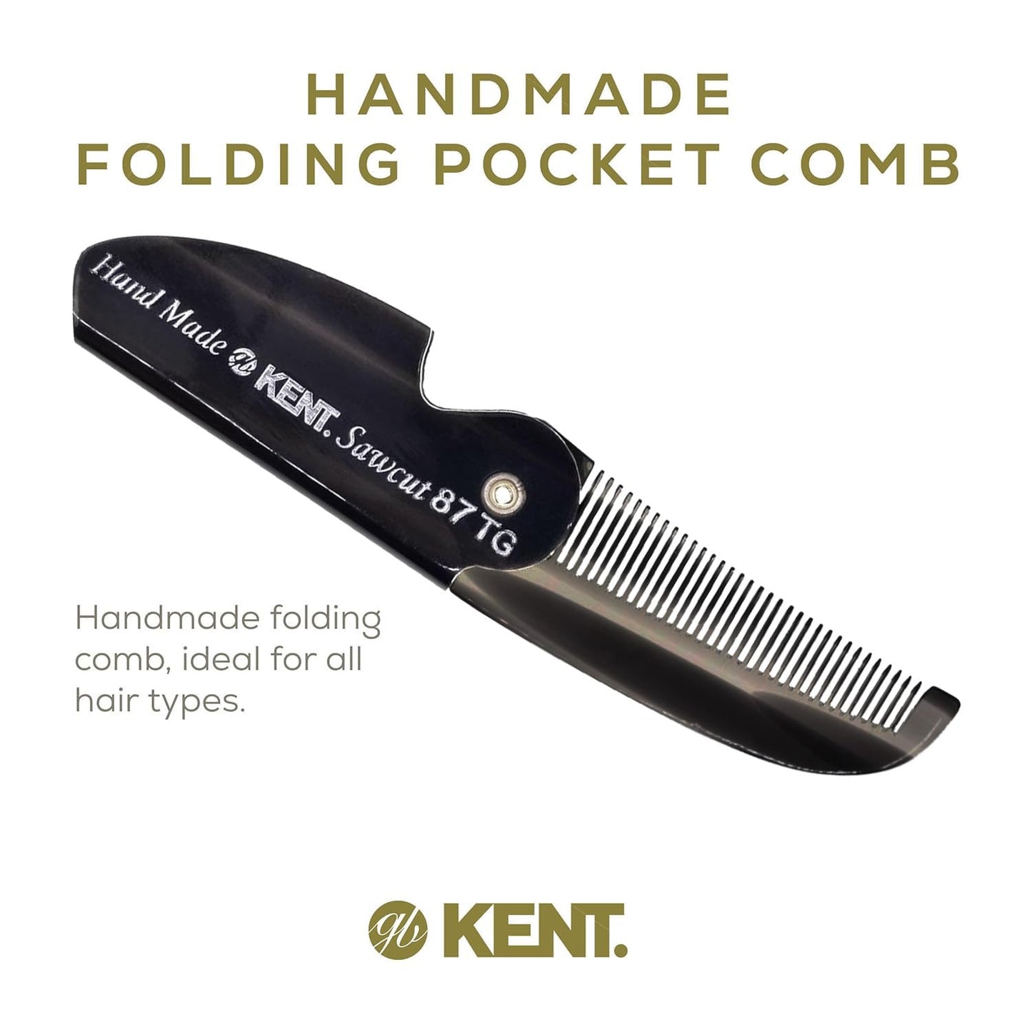 Kent 87T Black Graphite Handmade Folding Pocket Comb for Men, Fine Tooth Hair Comb Straightener for Everyday Grooming Styling Hair, Beard or Mustache