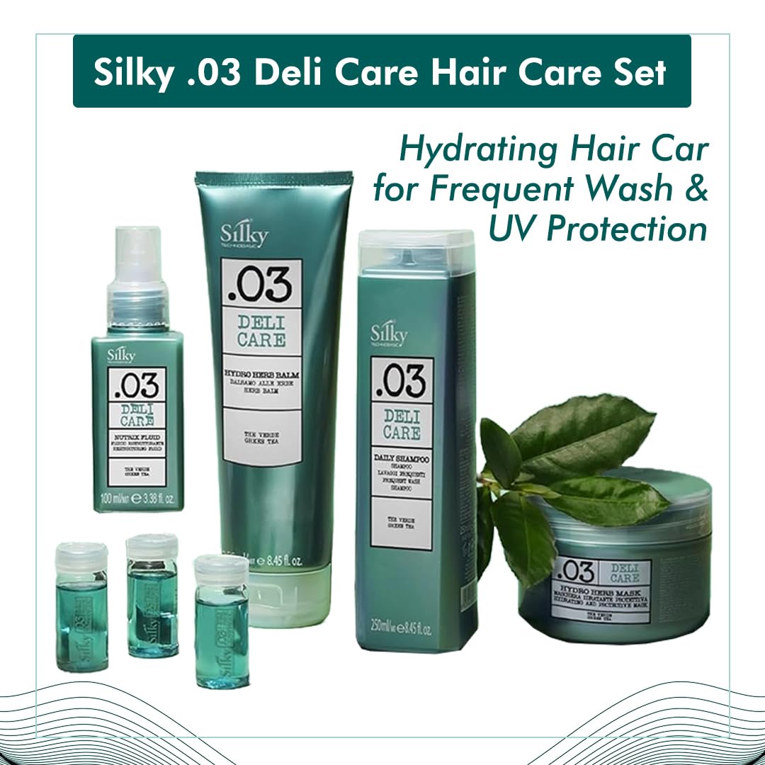 SILKY Technobasic .03 Deli Hair Care Set for All Hairs - 4-In-1 Kit with Hair Growth Oil, Hydrating Hair Balm & Shampoo for Stronger Strands - Hair