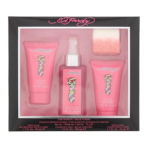 Ed Hardy 4 Pieces Gift Set for Women, (3.4 Ounce Body Mist + 1.7 Ounce Body Lotion + 1.7 Ounce Body Wash + 2.65 Ounce Shower Steamer)