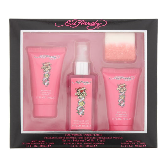 Ed Hardy 4 Pieces Gift Set for Women, (3.4 Ounce Body Mist + 1.7 Ounce Body Lotion + 1.7 Ounce Body Wash + 2.65 Ounce Shower Steamer)