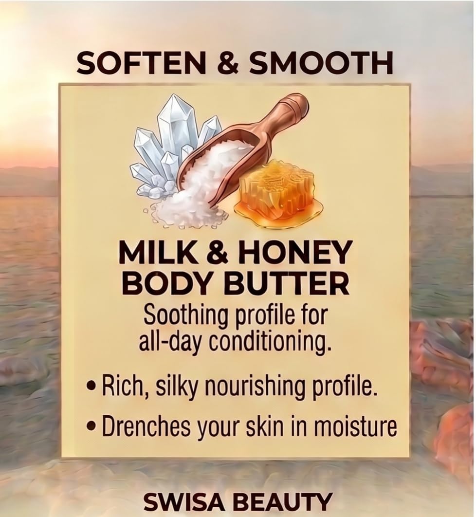 Swisa Beauty Dead Sea Body Butter, Milk and Honey - Thick & Creamy Daily Moisturizer with Shea Butter, Aloe & Squalane, 8 oz