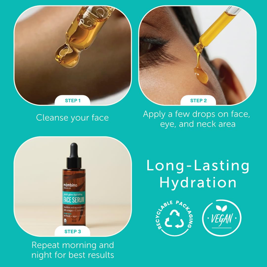 Mambino Organics Youth Glow Hydrating Serum, Vitamin C Face Serum with Marula, Rosehip Oil, Revitalizing Skin, Fades Dark Spots, Smooths Texture
