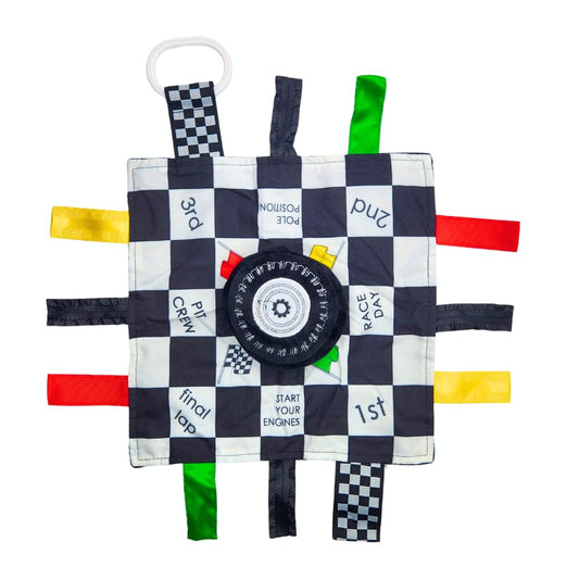 Baby Jack & Co 10x10” Racing Sports Lovey Sensory Plush Blanket - Tag Toy for Babies - Baby Stroller Toys - Learn Shapes, Letters & Colors - MVP Baby…