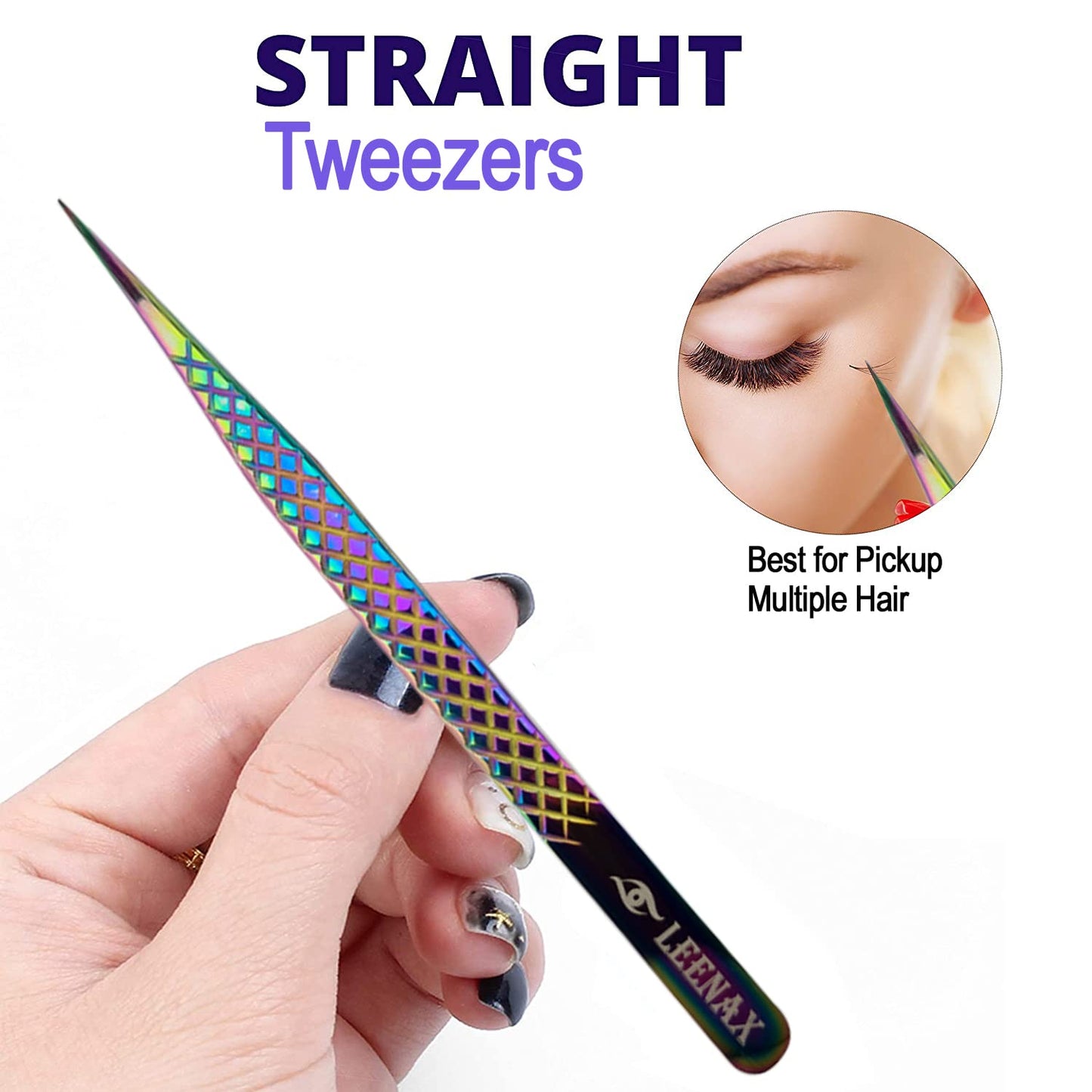 Eyelash Extension Tweezers Fiber Tip (Anti - Slip) Set of 2 pieces straight & curved with Diamond Grip, Rainbow Colour,14cm, volume Tweezers, Lash
