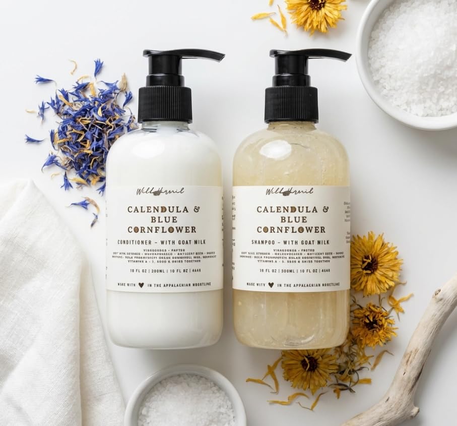 Wild Hermit Wellness Calendula and Blue Cornflower Goat Milk Shampoo and Conditioner Set, Soften and Shine, 10 oz Each, 2 Count