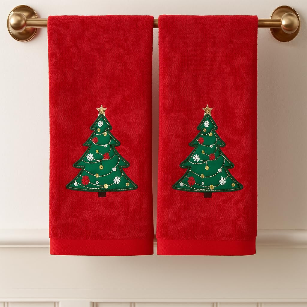 Serafina Home Christmas Bathroom Fingertip Towels - Set of 2 Red 100% Cotton Embroidered Green Christmas Tree with Gold Star & Ornaments - 18 x 12”…