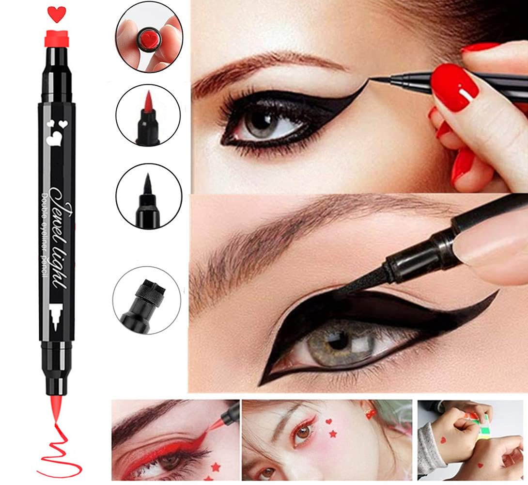 Go Ho 2 PCS Waterproof Liquid Eyeliner Stamps,Double-side Black&Red Smudge-proof Eye Liner,Heart Stamp Eyeliner for Halloween Costumes