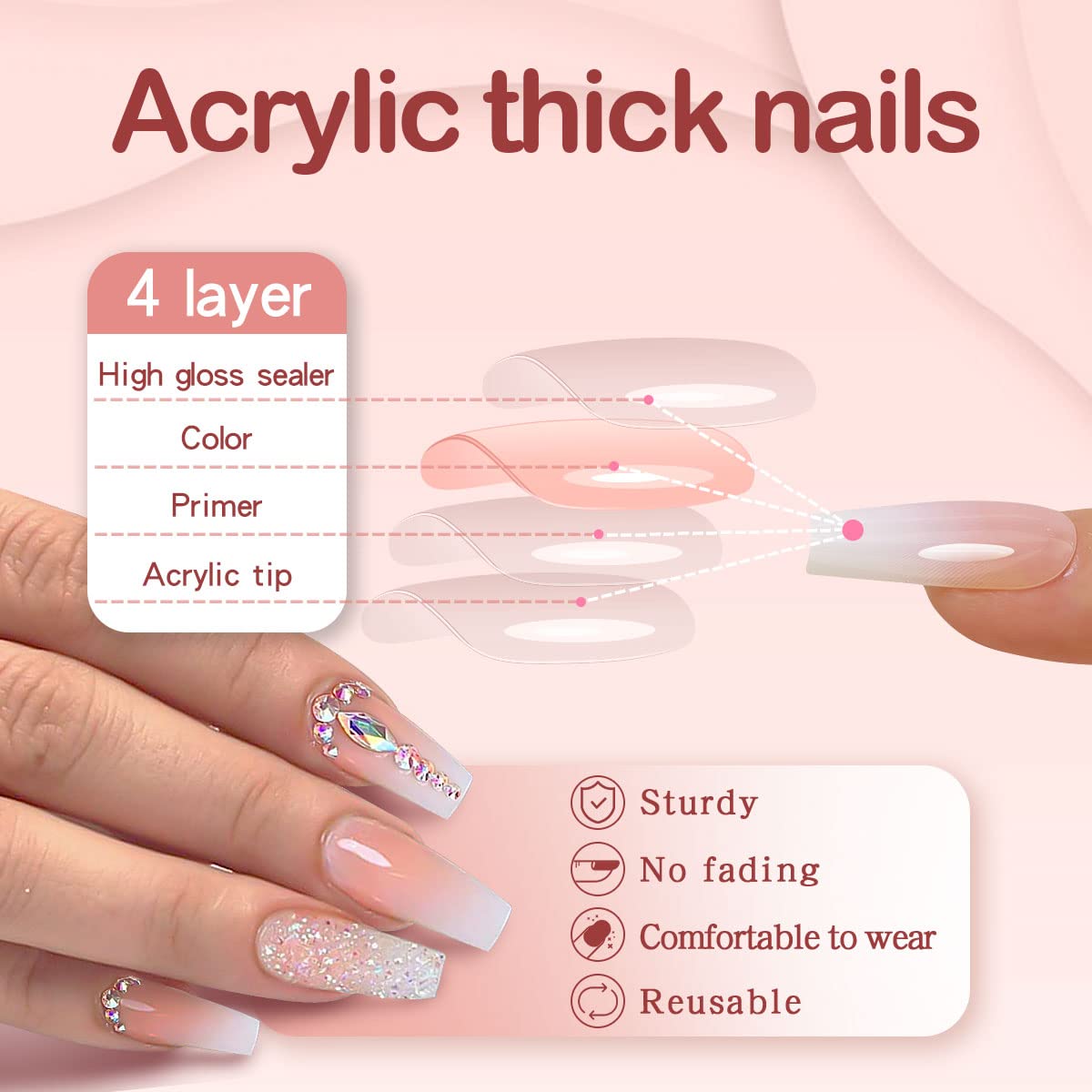 Yivaiks 24 Pcs Advanced Hand Made Customization Press on Nails, Luxurious Rhinestone Design Ballerina Fake Nails?Perfect Accessory for Banquets