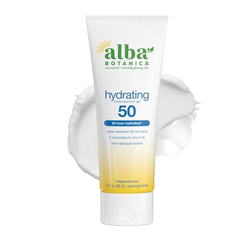 Alba Botanica Hydrating Sunscreen Lotion, SPF 50 Broad Spectrum Protection, 24 Hour Hydration, Water Resistant (40 minutes), Fragrance Free