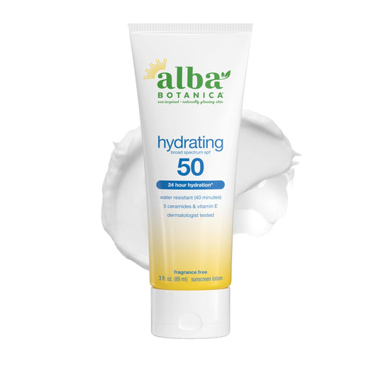 Alba Botanica Hydrating Sunscreen Lotion, SPF 50 Broad Spectrum Protection, 24 Hour Hydration, Water Resistant (40 minutes), Fragrance Free