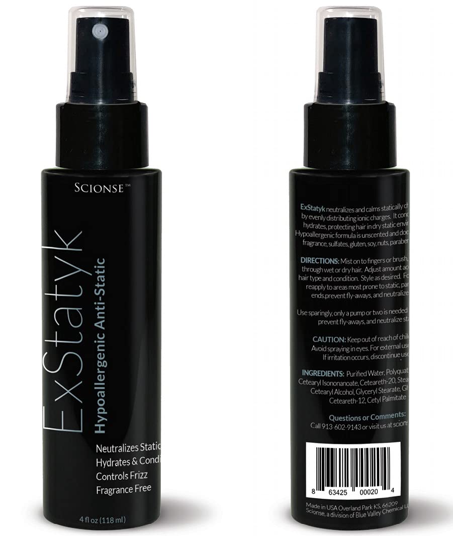 ExStatyk - Anti Static Hypoallergenic Spray, Anti- Frizz, Fragrance Free, unscented