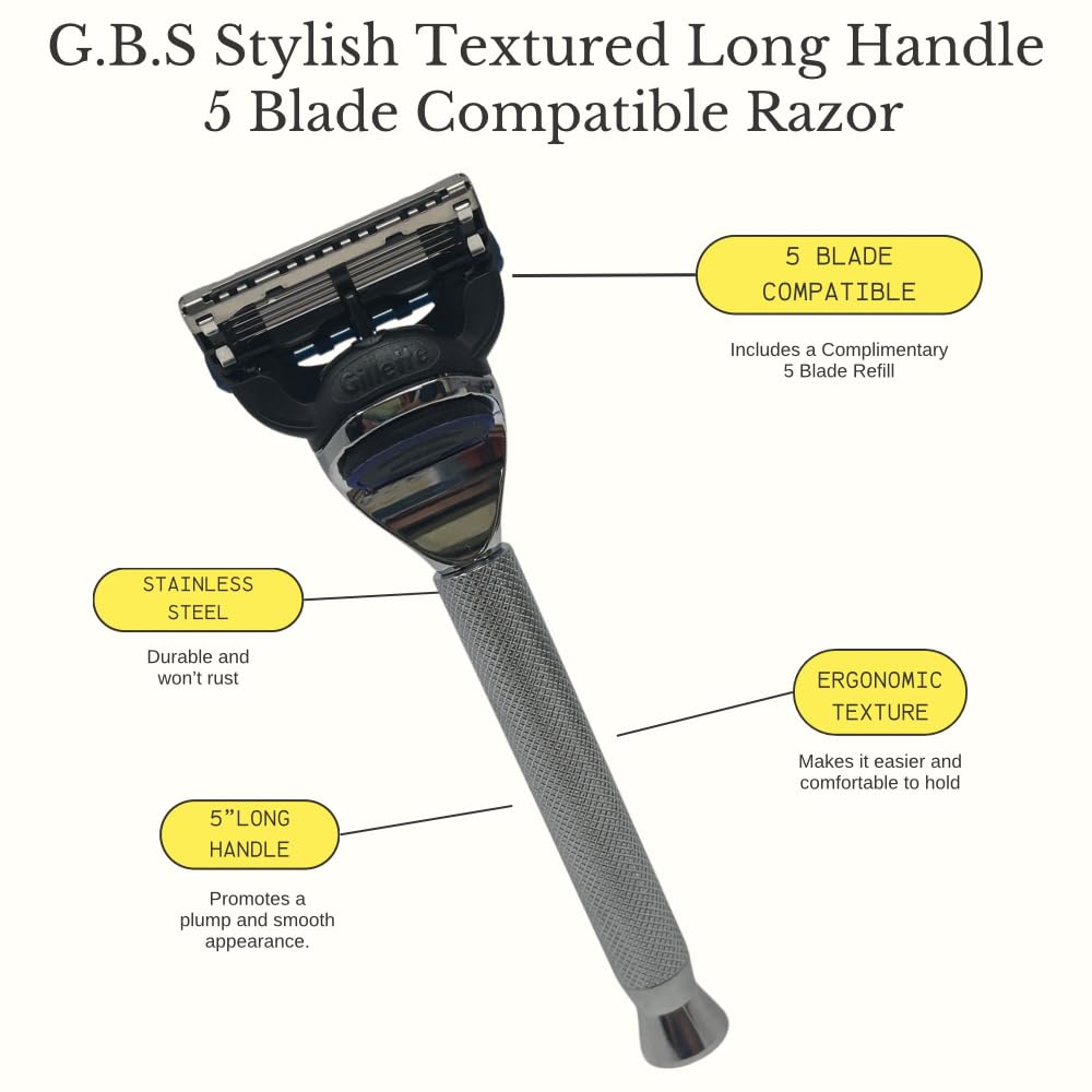 G.B.S Stylish Long Handle Textured Ergonomic Shaving Razor with Protective Leather Case for Travel, Chrome Beauty and Personal Care G.B.S