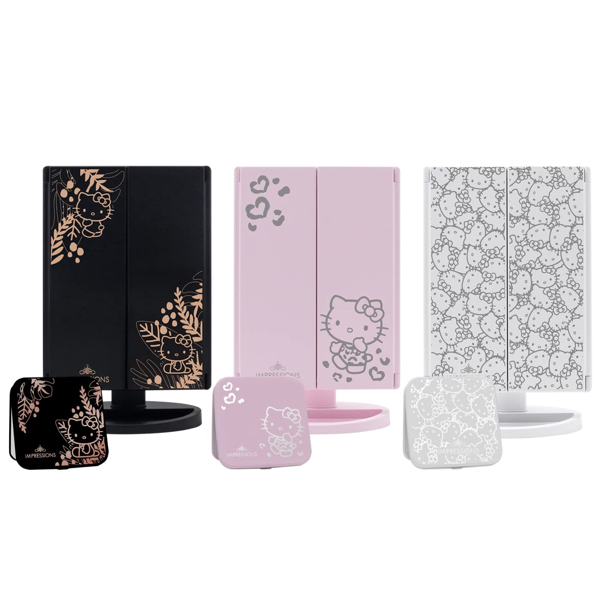 Impressions Vanity Hello Kitty Lighted Makeup Mirrors Bundle, Supercute Trifold and Compact Mirror with LED Lights, Magnification, Touch Screen