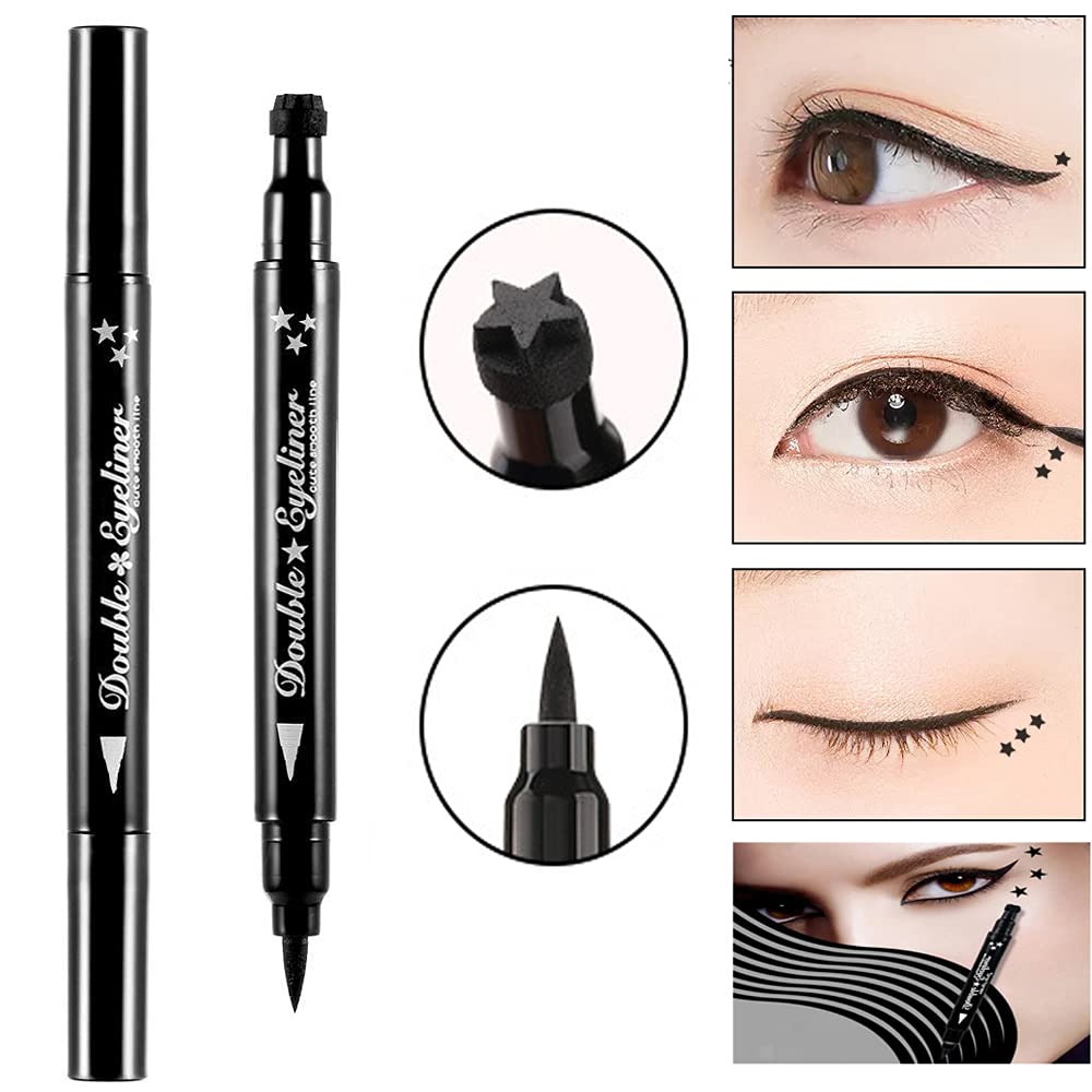 Pinkiou 2 in 1 Double-headed Liquid Eyeliner Pen Stamp Super Slim Gel Felt Tip High Pigment Black Waterproof Smudgeproof Long Lasting Tattoo Makeup…
