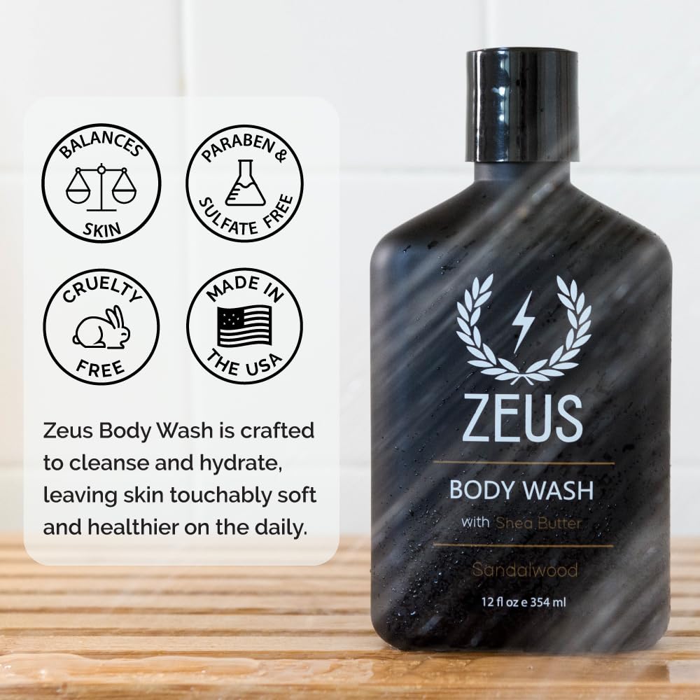 ZEUS Men's Natural Body Wash, Hydrating Shower Gel with Sandalwood Oil, Aloe Vera, Shea Butter & Invigorating Essential Oils for Skin Revitalization