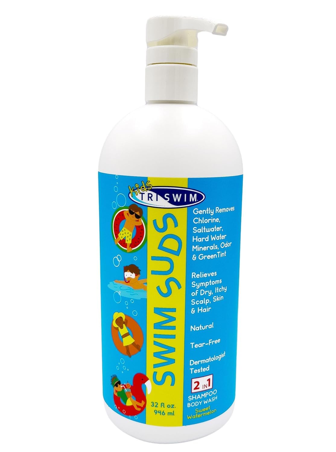 TRISWIM Kids Swim Suds 2-in-1 Tear-Free Shampoo & Body Wash 32oz | Natural Chlorine-Out Formula, Removes Green Tint | No Parabens or Dyes | Gentle