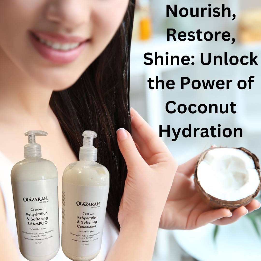 OLAZARAH Cocolux Rehydration Shampoo & Conditioner Set - 33 Fl Oz Each - Enriched with Coconut Milk & Sweet Almond Oil - Moisturizing Formula