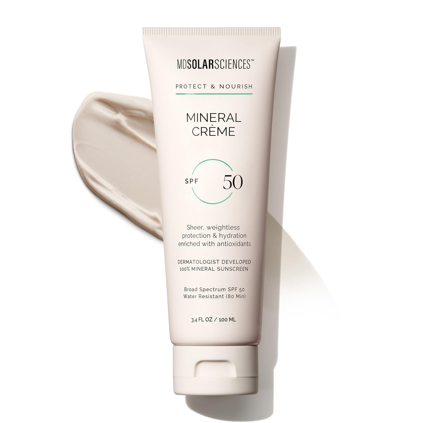 MDSolarSciences Mineral Crème Sunscreen SPF 50 | Water-Resistant Broad Spectrum UV Protection | Zinc Oxide Formula with Antioxidants | No White Cast