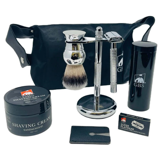 G.B.S Travel Shaving Kit- Steel Razor and Brush Stand, Chrome Double Edge Safety Razor + Leather Head Sleeve, Shave Brush + Travel Tube, Sandalwood Beauty and Personal Care G.B.S