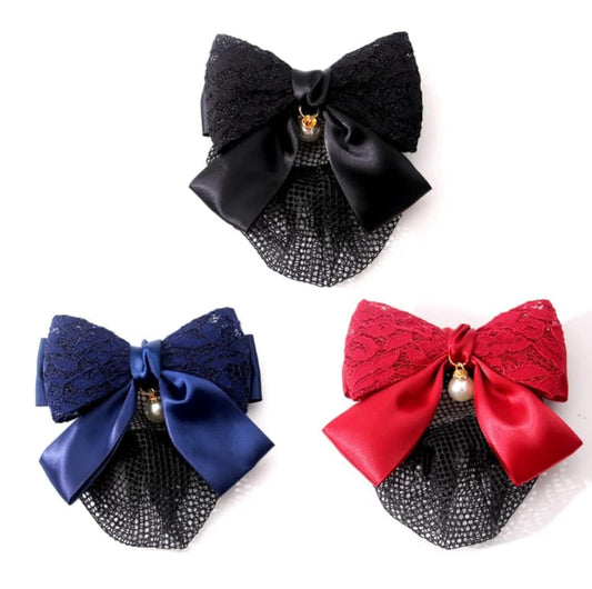 HLLMX 3 PCS Women Hair Clip Bowknot Snood Net Barrette Hair Clip Bun Cover Hairnet Lace Bow Decor for Lady Women Dance Office Color Red/Black/Blue
